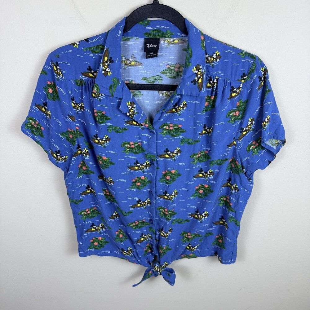 Disney Mickey & Minnie Row a Boat Tie Front Top Size Medium Button Down Blue